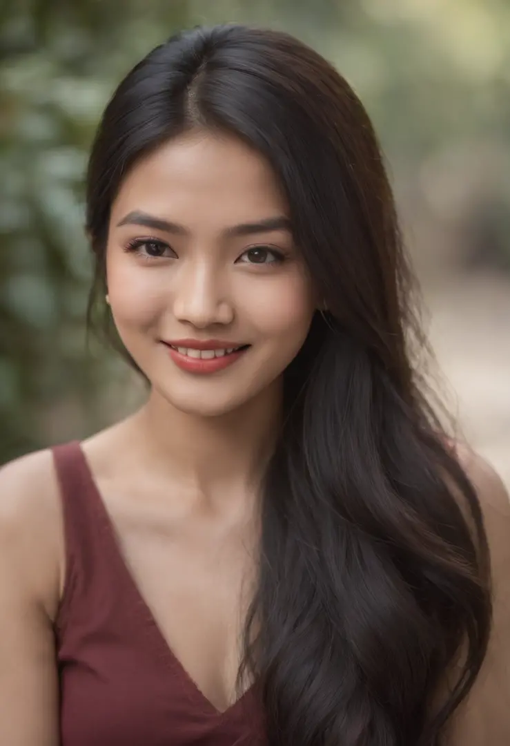Photography of a cute bhutanese  woman with long black hair, wearing a tight dress Top, capturing her charm and charisma. The image features soft, natural lighting and focuses on her genuine smile