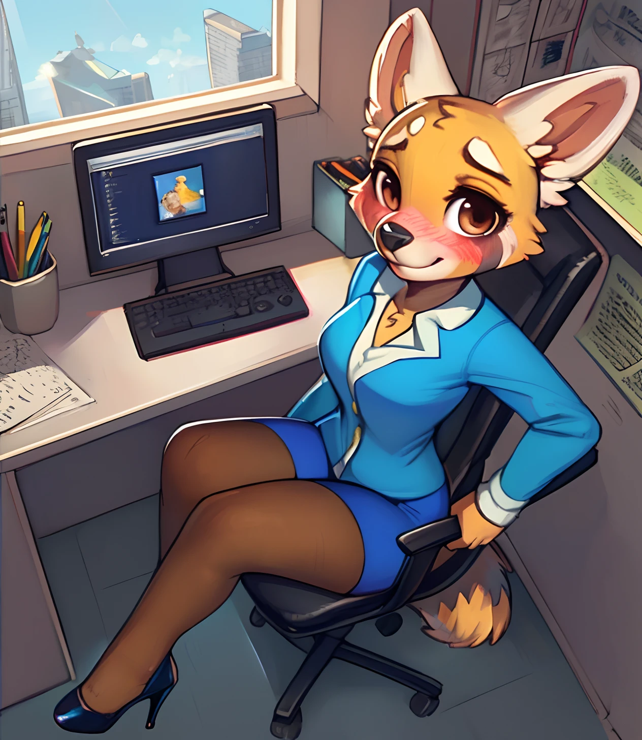 [retsuko], [aggretsuko], [Uploaded to e621.net; (Pixelsketcher), (wamudraws)], ((masterpiece)), ((solo portrait)), ((bird's-eye view)), ((feet visible)), ((furry; anthro)), ((detailed fur)), ((detailed shading)), ((beautiful render art)), ((intricate details)), {anthro; (yellow fur, black nose), small brown eyebrows, cute brown eyes, cute smile, (blushing), raccoon tail, (beautiful legs)}, {(office woman), (blue blazer sweater), (short blue pencil skirt), (pantyhose), (black heels)}, {(sitting in office chair), (pigeon-toed)}, [background; (cubicles), (white walls), (window), (blue sky), (sun rays)]