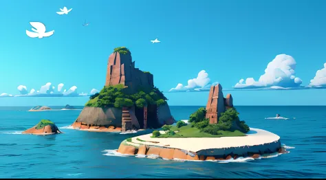（Best quality），3Drenderingof，4K，cartoony，scenecy，Animate，Several islands in the ocean，NOWAI，remote and desolate，Top angle of view