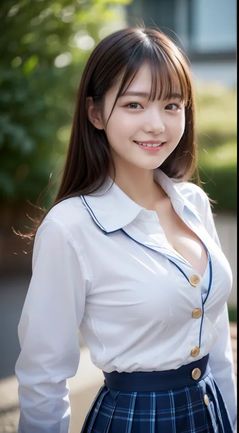 Enhanced dynamic perspective，Cute cute 15 year old beautiful girl，((School uniform, Long sleeve shirt))、Short pleated skirt、Look at me and smile，simple backgound，Works of masters，high quarity，4K resolution，super-fine，Detailed pubic hair，acurate，Cinematic l...