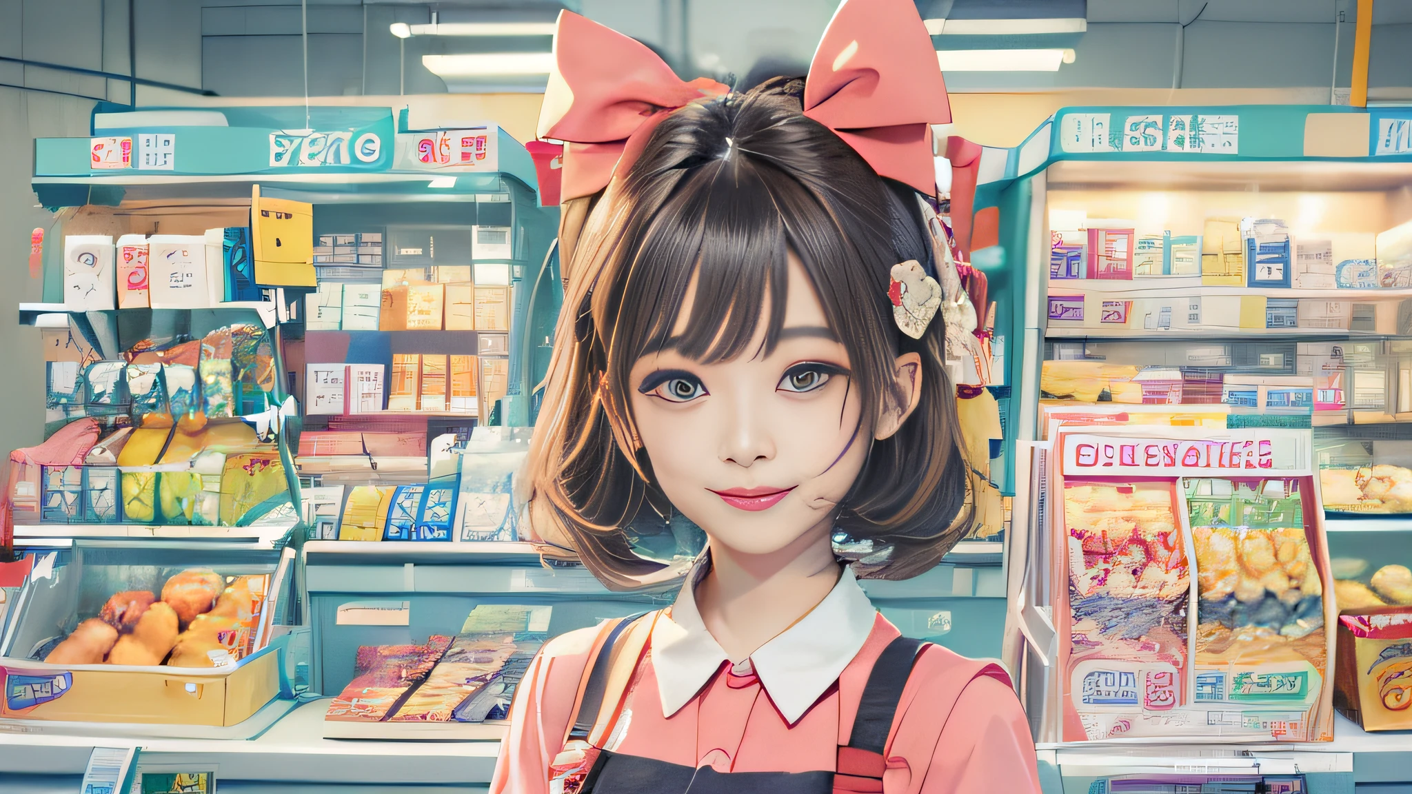 masutepiece、A high resolution、The convenience store of the future、Convenience store clerk、30-year-old girl、１Female shop assistant、Looking at the camera、ssmile、The completion is as shown in the image、Cash register and beauty、Fair and beautiful skin、Short and beautiful hair、inner colored、Hair should be tied in the back、