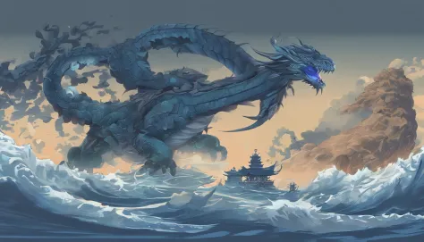 China-style，Chinese mythology，Dragon turtle，faucet，Angular，Turtle body，Heavy tortoiseshell shell，The tail of the snake grows out，has horns on its head，tosen，Ferocious，gargantuan，The eyes glow blue light，the sea，Huge waves，surrounded by cloud，中景 the scene i...