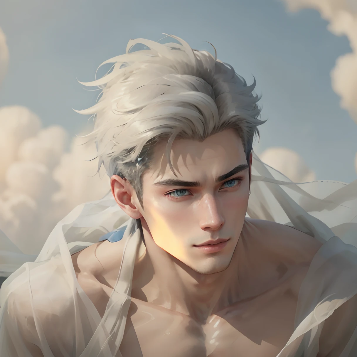 Anime guy with white hair and blue eyes in a white dress - SeaArt AI