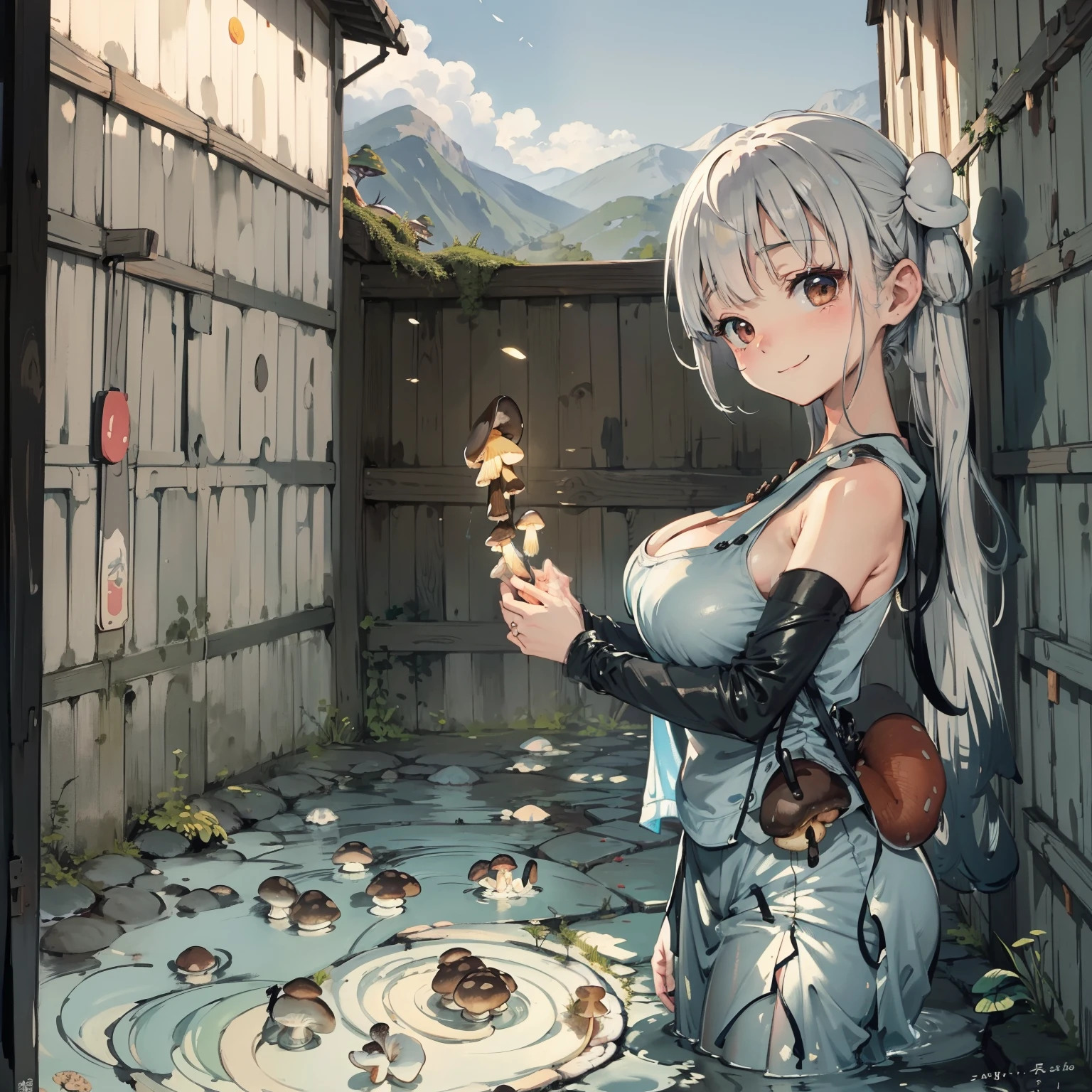 Anime girl with a gun in a courtyard with a lot of flowers - SeaArt AI