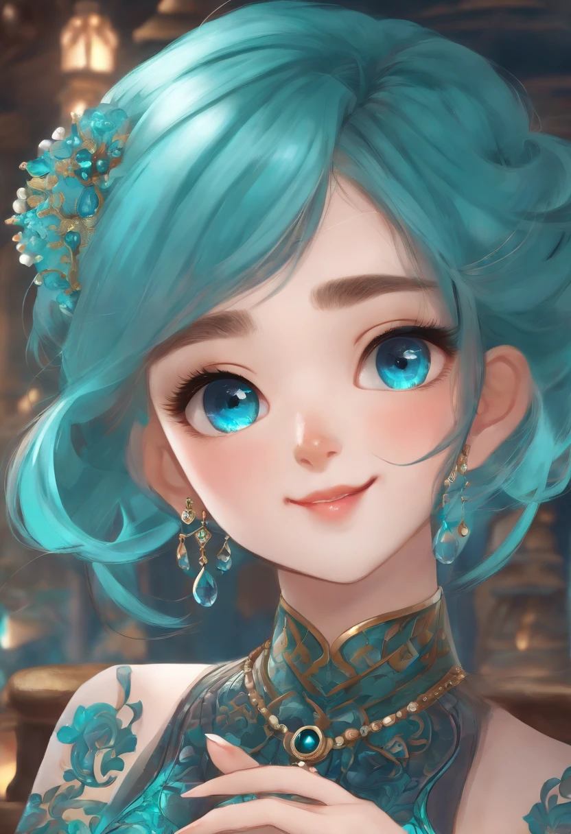 masterpiece, best quality, ultra-detailed, illustration,(1girl),beautiful detailed eyes, looking at viewer, (holding a computer keyboard), happy, (turquoise hair:1), (blue rounded eyes:1), (round earring), (turquoise big gem necklace), cute round face, long hair, smile, fantasy chinese clothes