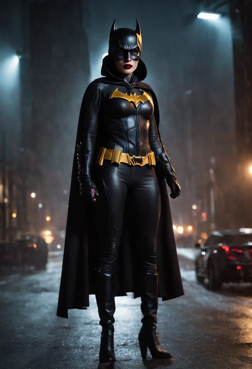 (best quality,4k,8k,highres,masterpiece:1.2),ultra-detailed,(realistic,photorealistic,photo-realistic:1.37),Margot Robbie as Batgirl,illustration,beautiful detailed eyes,beautiful detailed lips,dark and mysterious atmosphere,city skyline,black leather armor suit,glossy finish,impressive physique,powerful stance,gritty urban setting,nighttime,heavy rainfall,sleek and modern costume design,hooded cape,fierce expression,action pose,dynamic composition,active motion,bat symbol on chest,urban vigilante,high-tech gadgets,gloomy and intense lighting,strong contrast,deep shadows,vivid colors,neon lights,gritty background,hard-edged style,comic book style,gritty crime-fighting scene,breathtaking visuals,nail-biting suspense,unique and captivating storyline,impressive visual effects,expertly-crafted details,powerful symbolism.