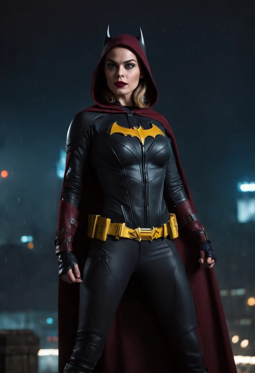 (best quality,4k,8k,highres,masterpiece:1.2),ultra-detailed,(realistic,photorealistic,photo-realistic:1.37),Margot Robbie as Batgirl,illustration,beautiful detailed eyes,beautiful detailed lips,dark and mysterious atmosphere,city skyline,black leather armor suit,glossy finish,impressive physique,powerful stance,gritty urban setting,nighttime,heavy rainfall,sleek and modern costume design,hooded cape,fierce expression,action pose,dynamic composition,active motion,bat symbol on chest,urban vigilante,high-tech gadgets,gloomy and intense lighting,strong contrast,deep shadows,vivid colors,neon lights,gritty background,hard-edged style,comic book style,gritty crime-fighting scene,breathtaking visuals,nail-biting suspense,unique and captivating storyline,impressive visual effects,expertly-crafted details,powerful symbolism.