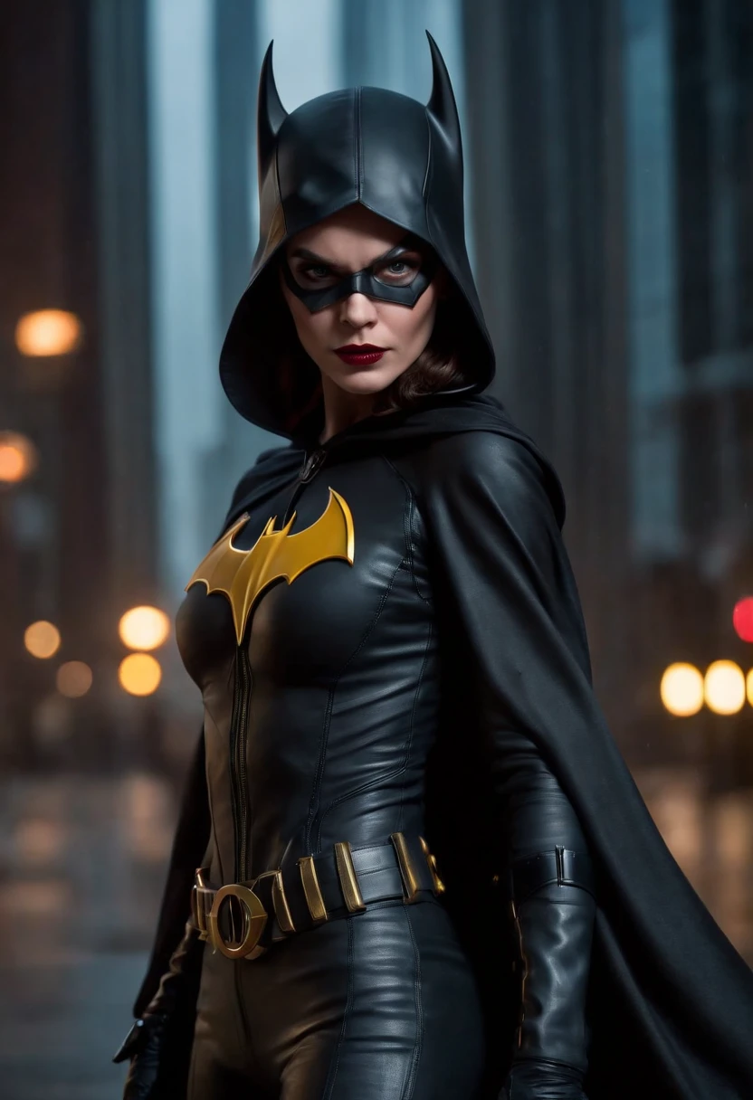 (best quality,4k,8k,highres,masterpiece:1.2),ultra-detailed,(realistic,photorealistic,photo-realistic:1.37),Margot Robbie as Batgirl,illustration,beautiful detailed eyes,beautiful detailed lips,dark and mysterious atmosphere,city skyline,black leather armor suit,glossy finish,impressive physique,powerful stance,gritty urban setting,nighttime,heavy rainfall,sleek and modern costume design,hooded cape,fierce expression,action pose,dynamic composition,active motion,bat symbol on chest,urban vigilante,high-tech gadgets,gloomy and intense lighting,strong contrast,deep shadows,vivid colors,neon lights,gritty background,hard-edged style,comic book style,gritty crime-fighting scene,breathtaking visuals,nail-biting suspense,unique and captivating storyline,impressive visual effects,expertly-crafted details,powerful symbolism.