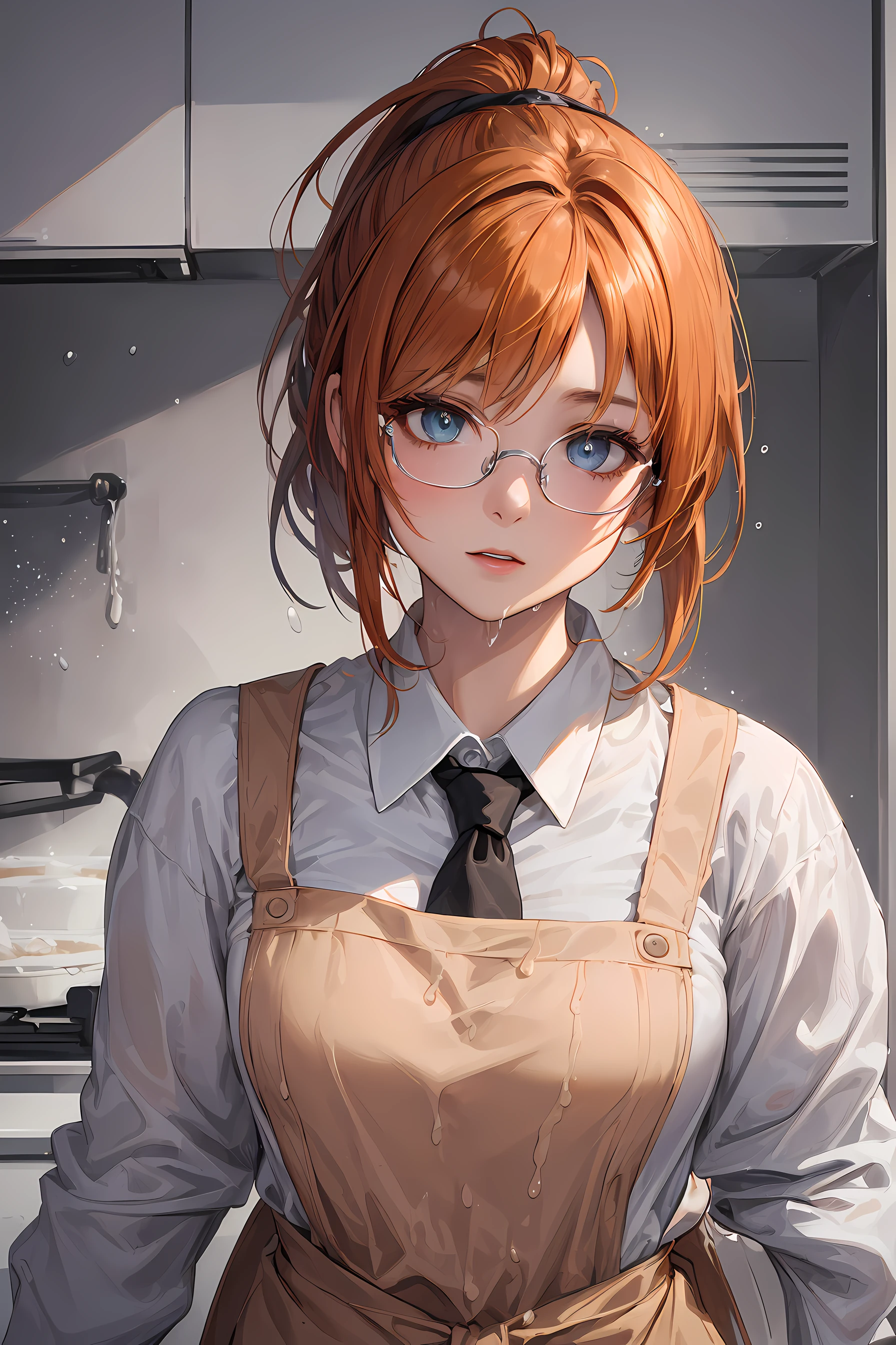 (1glasses girl:1.3, solo), (baking cooker:1.3), (a extremely pretty and beautiful Japanese woman), (sexy girl), (professional sexy attire:1.3), (22 years old: 1.1), (baking in the kitchen:1.3), (spills powder:1.3), (splashes of powder:1.3), (panic expression:1.3), (confused:1.3), (panic situation:1.3), (attractive random posing: 1.3), (in the baker kitchen:1.3), ((splash playing white powders background:1.5)), BREAK, (ponytail:1.3), (shiny-orange thin hair:1.3), bangs, dark brown eyes, beautiful eyes, princess eyes, (big eyes:1.3), (wearing a glasses:1.3), Hair between eyes, (shortt hair :1.3), (slender:1.1), (small-medium-breasts:0.95), (thin waist: 1.15), (detailed beautiful girl: 1.4), Parted lips, Red lips, full-make-up face, (shiny skin), ((Perfect Female Body)), (Upper Body Image:1.3), Perfect Anatomy, Perfect Proportions, (most beautiful Korean actress face:1.3, extremely cute and beautiful Japanese actress face:1.3), BREAK, (View viewer, wearing a school girl uniform, (insanely detailed collared shirt:1.3, long-sleeve:1.3), (blue tie:1.3), (dark-green box-skirt:1.3), (green apron:1.3), (black enamel booties:1.3), detailed clothes, BREAK, (detailed simple baker kitchen background:1.3), (kitchen, baking setup), (Studio soft lighting: 1.3), (fake lights: 1.3), (backlight: 1.3), BREAK, (Realistic, Photorealistic: 1.37), (Masterpiece, Best Quality: 1.2), (Ultra High Resolution: 1.2), (RAW Photo: 1.2), (Sharp Focus: 1.3), (Face Focus: 1.2), (Ultra Detailed CG Unified 8k Wallpaper: 1.2), (Beautiful Skin: 1.2), (pale Skin: 1.3), (Hyper Sharp Focus: 1.5), (Ultra Sharp Focus: 1.5), (Beautiful pretty face: 1.3), (super detailed background, detail background: 1.3), Ultra Realistic Photo, Hyper Sharp Image, Hyper Detail Image, airbrush art, smooth gradients, soft transitions, fine details, photorealistic effects, versatile medium, automotive art