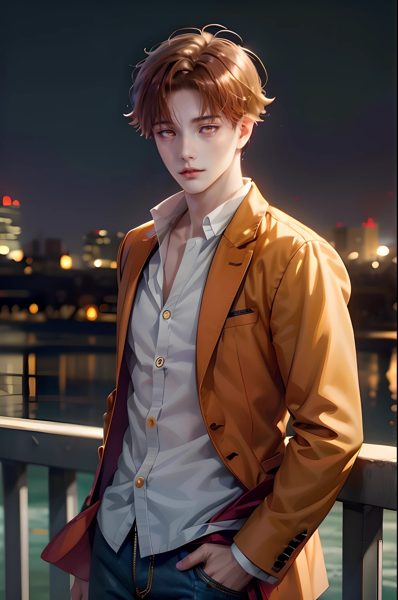 Kiyotaka Ayanokoji, 1boy, beautiful boy, androgenous, beautiful apathetic eyes, half-lidded orange eyes, emotionless face, dark orange hair, masterpiece, trending on artstation, best quality, cinematic lighting, highly detailed, 8k, wallpaper