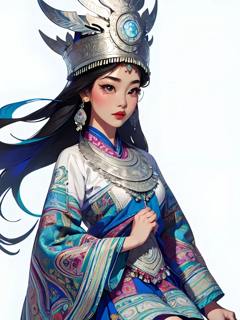 (illustration:1.3)Hmong girl in Hmong costume (by Artist Anna Dittman:1), (((Masterpiece))), (((Best quality))), ((Ultra-detailed)),(Detailed light),((An extremely delicate and beautiful)), Hmong,garments、head gear、耳Nipple Ring，with a pure white background