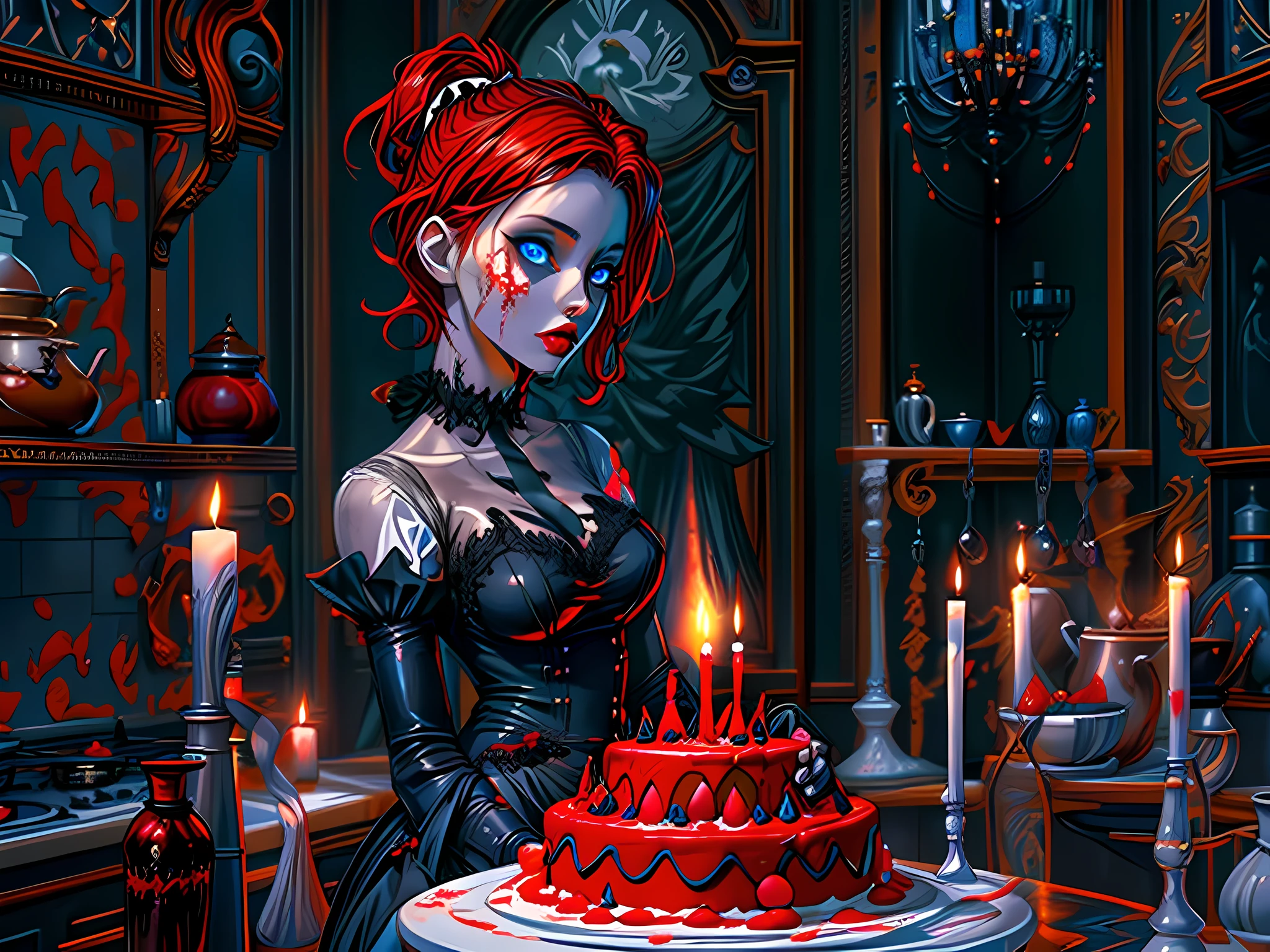 a picture of extremely beautiful female vampire looking at (red MasterChef style cake: 1.5), an exquisite beautiful vampire, ultra feminine ultra detailed face, red hair, short hair, pale skin, red lips, blue eyes, wearing sexy white seductive latex dress, looking at a red Bakeoff, award winning cake, 2 floors, decorated with red whipped cream, and artful stylish decorations, dark décor style kitchen background, dim candles light, dark fantasy art, gothic art,  dynamic angle, best details, best quality, 16K, [ultra detailed], masterpiece, best quality, (ultra detailed), full body, ultra wide shot, photorealistic, 2.5D rendering