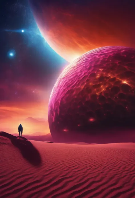 Stranger, A spaceship in the shape of a black sunflower seed lands, On an alien desert planet with many oases, Every step he took was、Erupted with a shockwave of colorful light and sound。, An alien greets him, Fluffy clouds in magenta color, Blue and purpl...