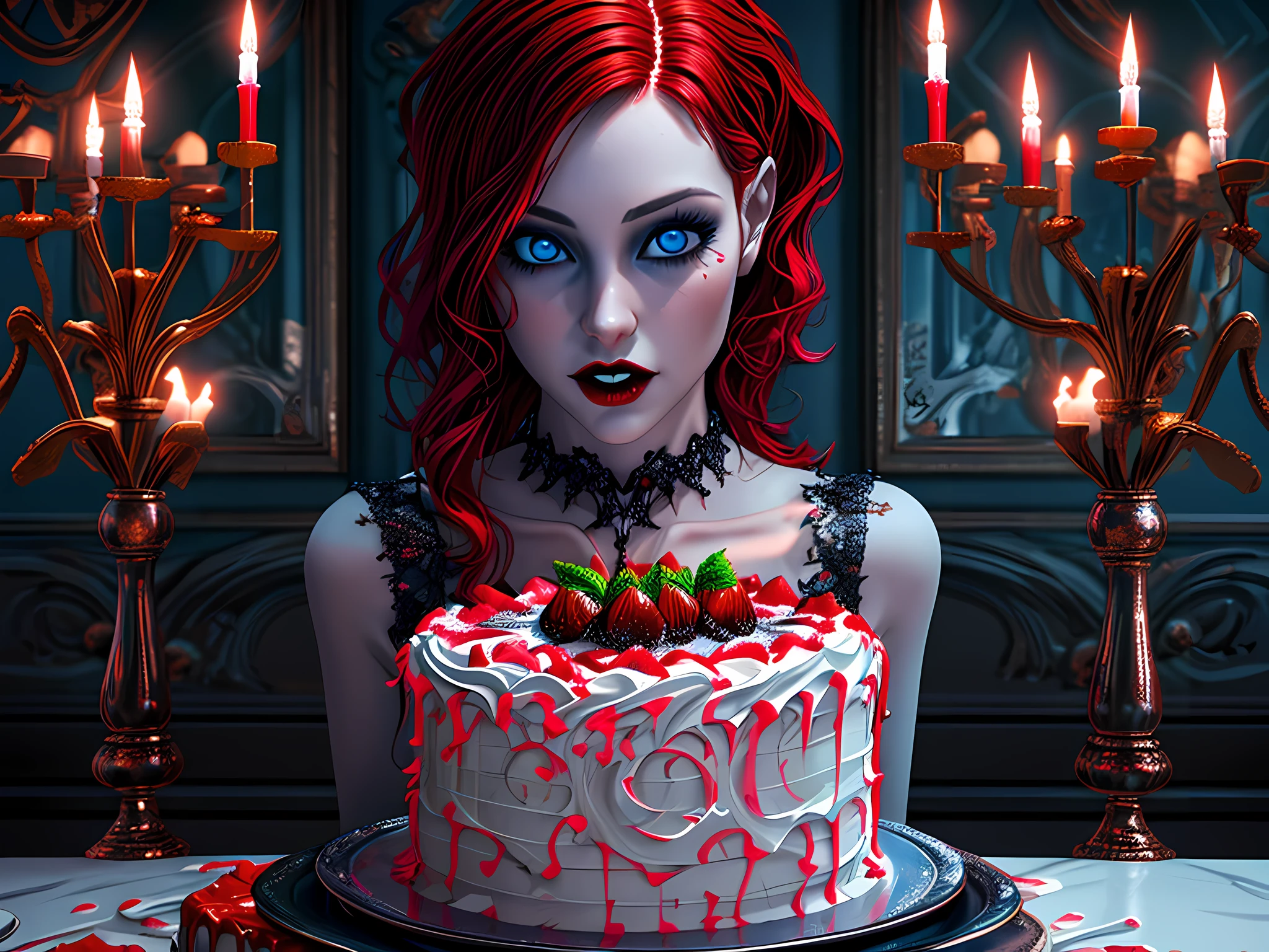 a picture of extremely beautiful female vampire looking at (red MasterChef style cake: 1.5), an exquisite beautiful vampire, ultra feminine ultra detailed face, red hair, short hair, pale skin, red lips, blue eyes, wearing sexy white seductive latex dress, looking at a red Bakeoff, award winning cake, 2 floors, decorated with red whipped cream, and artful stylish decorations, dark décor style kitchen background, dim candles light, dark fantasy art, gothic art,  dynamic angle, best details, best quality, 16K, [ultra detailed], masterpiece, best quality, (ultra detailed), full body, ultra wide shot, photorealistic, 3D rendering