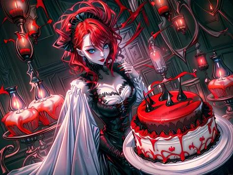 a picture of extremely beautiful female vampire looking at (red MasterChef style cake: 1.5), an exquisite beautiful vampire, ult...