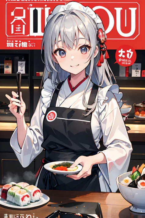 (masuter piece,Best Quality,Ultra-detailed), (A detailed face),Cover of a cooking magazine,1girl in,silber hair,Aimei,age19,cute little,Warm smile,japanese sushi, sushi chef,Floral apron,foods,Texto,advertisement,magazine title