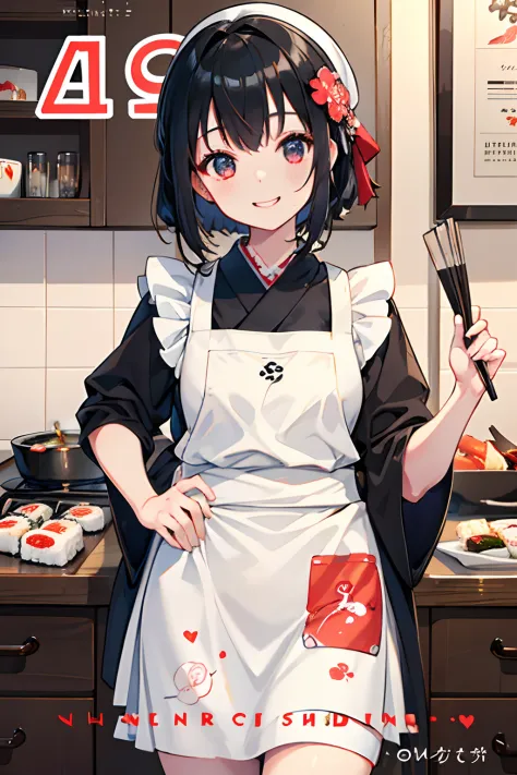 (masuter piece,Best Quality,Ultra-detailed), (A detailed face),Cover of a cooking magazine,1girl in,Black hair,Aimei,age19,cute little,Warm smile,japanese sushi, sushi chef,Floral apron,foods,Texto,advertisement,magazine title
