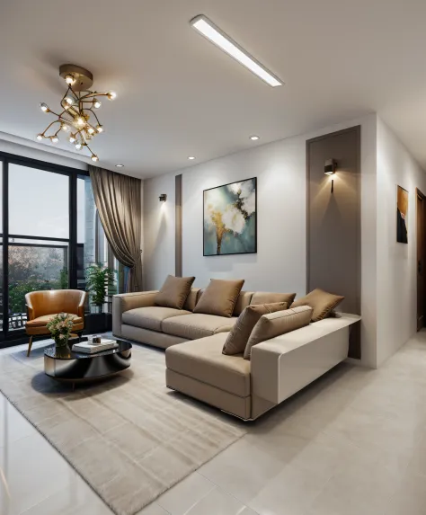 modern living room with a couch and a coffee table, luxury condo interior,(glossy mable stone floor),Wall painting,City lights at night, fancy apartment, interior living room, living room, luxurious environment, city apartment, elegant render, luxury hd re...
