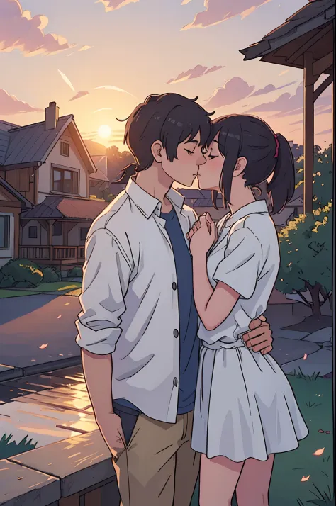 A guy and a girl are standing near the house, a girl with a ponytail, a guy with short hair, an unexpected kiss, a girl kissing a guy on the cheek, a girl in a shirt and a skirt, a kiss, an unexpected kiss on the cheek, best quality, ultra-detailed, Romant...