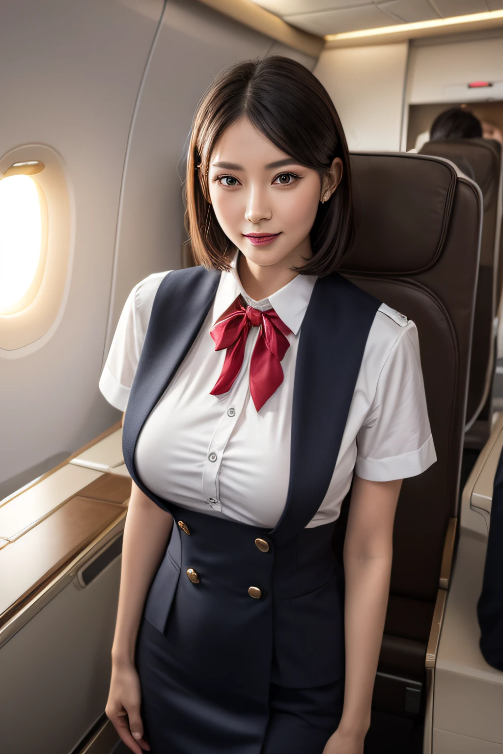 1woman, ((solo)), 40 years old, hyperdetailed face, detailed lips, detailed eyes, double eyelid, (Black bob hair), (Stewardess uniform:1.2), (Glamorous body), (huge breasts), light smile, thighs, (standing), perfect fit, perfect image realism, background with: (in an luxury airplane:1.3), Cowboy Shot, In-depth background, detailed costume, perfect lighting, Hyper-Realism, (Photorealsitic:1.4), 8K maximum resolution, (​masterpiece), highly detailed, professional