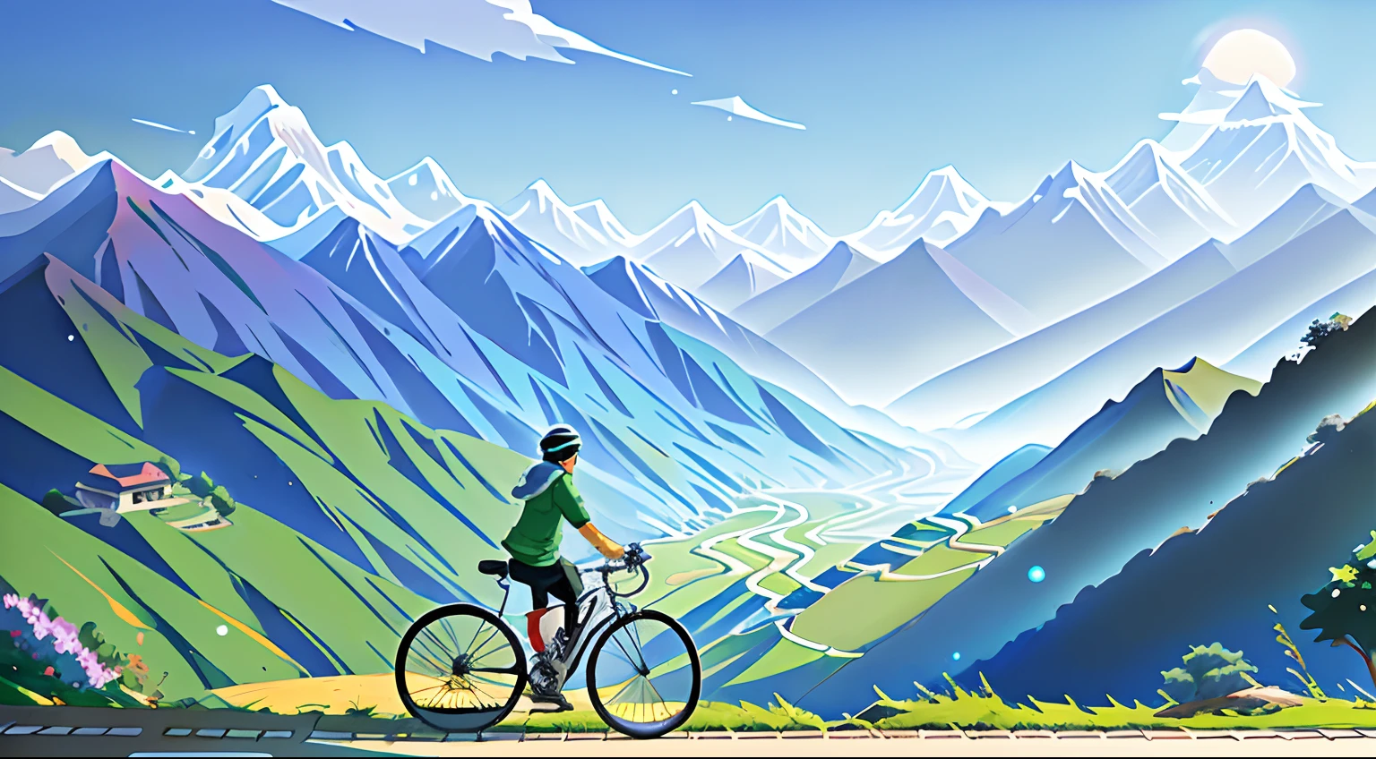 (bicicleta: 1.5), (realistic bicicleta: 1.5), (ciclista realista: 1.5), ciclista de costas em primeiro plano, Himalaia do Nepal , na parede do Nepal, paisagem lofi, Sol, sombras, contraste, makoto shinkai (melhor qualidade: 1.3), (alta resolução:1) arte do estilo studio ghibli, Impressionism, Solidão