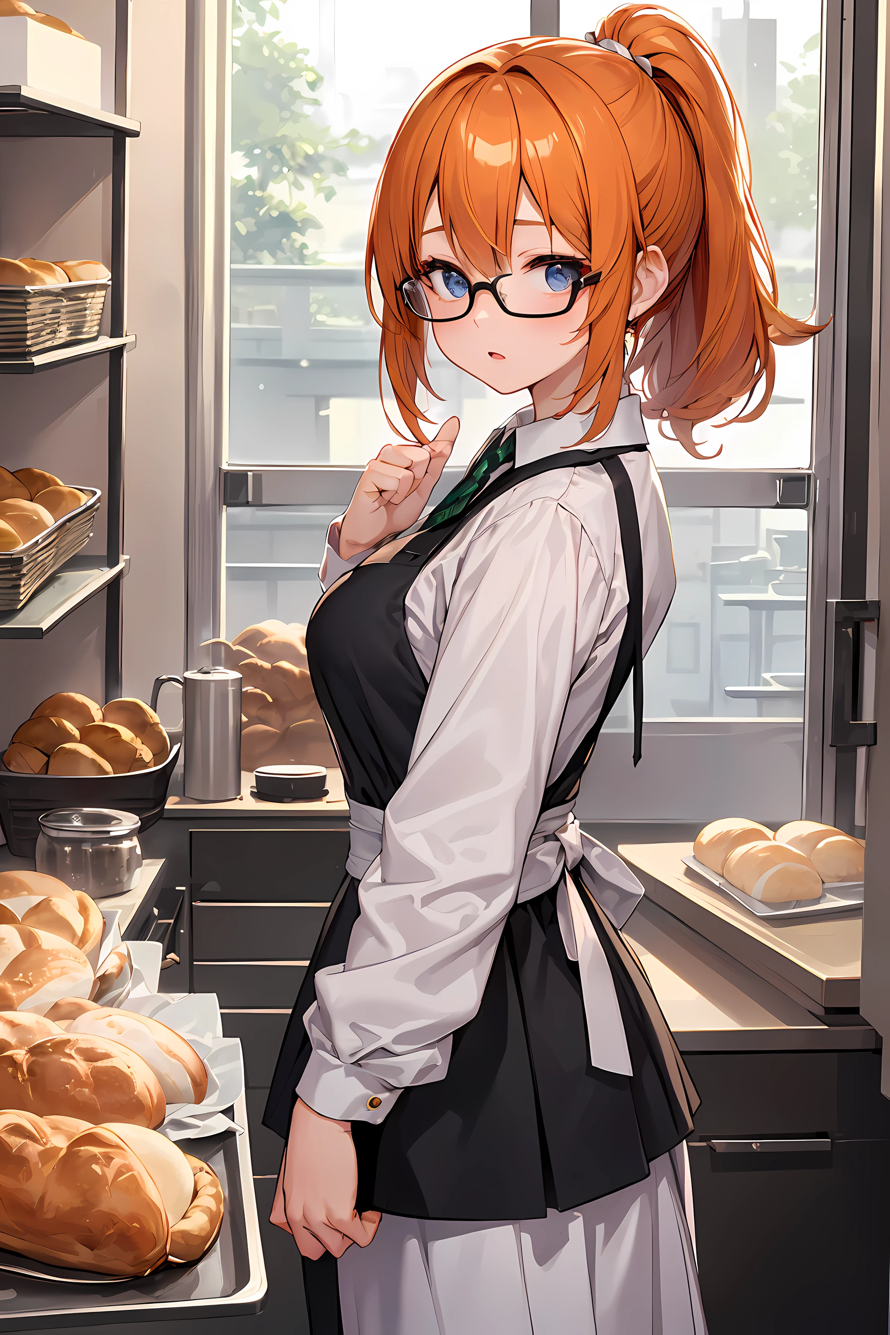 (1glasses girl:1.3, solo), (bakery  cheff:1.3), (a extremely pretty and beautiful Japanese woman), (sexy girl), (professional sexy attire:1.3), (22 years old: 1.1), (baking bread in the kitchen:1.3), (spills powder:1.3), (splashes of powder:1.3), (panic expression:1.3), (confused:1.3), (panic situation:1.3), (attractive random posing: 1.3), (in the bakery  kitchen:1.3), (4fingers and thumb:1.5)), BREAK, (ponytail:1.3), (shiny-orange thin hair:1.3), bangs, dark brown eyes, beautiful eyes, princess eyes, (big eyes:1.3), (wearing a glasses:1.3), Hair between eyes, (short hair :1.3), (slender:1.1), (small-medium-breasts:0.95), (thin waist: 1.15), (detailed beautiful girl: 1.4), Parted lips, Red lips, full-make-up face, (shiny skin), ((Perfect Female Body)), (Upper Body Image:1.3), Perfect Anatomy, Perfect Proportions, (most beautiful Korean actress face:1.3, extremely cute and beautiful Japanese actress face:1.3), BREAK, (View viewer, wearing a school girl uniform, (insanely detailed collared shirt:1.3, long-sleeve:1.3), (blue tie:1.3), (dark-green box-skirt:1.3), (green apron:1.3), (black enamel booties:1.3), detailed clothes, BREAK, (detailed simple  bakery kitchen background:1.3), (kitchen, baking setup), (Studio soft lighting: 1.3), (fake lights: 1.3), (backlight: 1.3), BREAK, (Realistic, Photorealistic: 1.37), (Masterpiece, Best Quality: 1.2), (Ultra High Resolution: 1.2), (RAW Photo: 1.2), (Sharp Focus: 1.3), (Face Focus: 1.2), (Ultra Detailed CG Unified 8k Wallpaper: 1.2), (Beautiful Skin: 1.2), (pale Skin: 1.3), (Hyper Sharp Focus: 1.5), (Ultra Sharp Focus: 1.5), (Beautiful pretty face: 1.3), (super detailed background, detail background: 1.3), Ultra Realistic Photo, Hyper Sharp Image, Hyper Detail Image, airbrush art, smooth gradients, soft transitions, fine details, photorealistic effects, versatile medium, automotive art