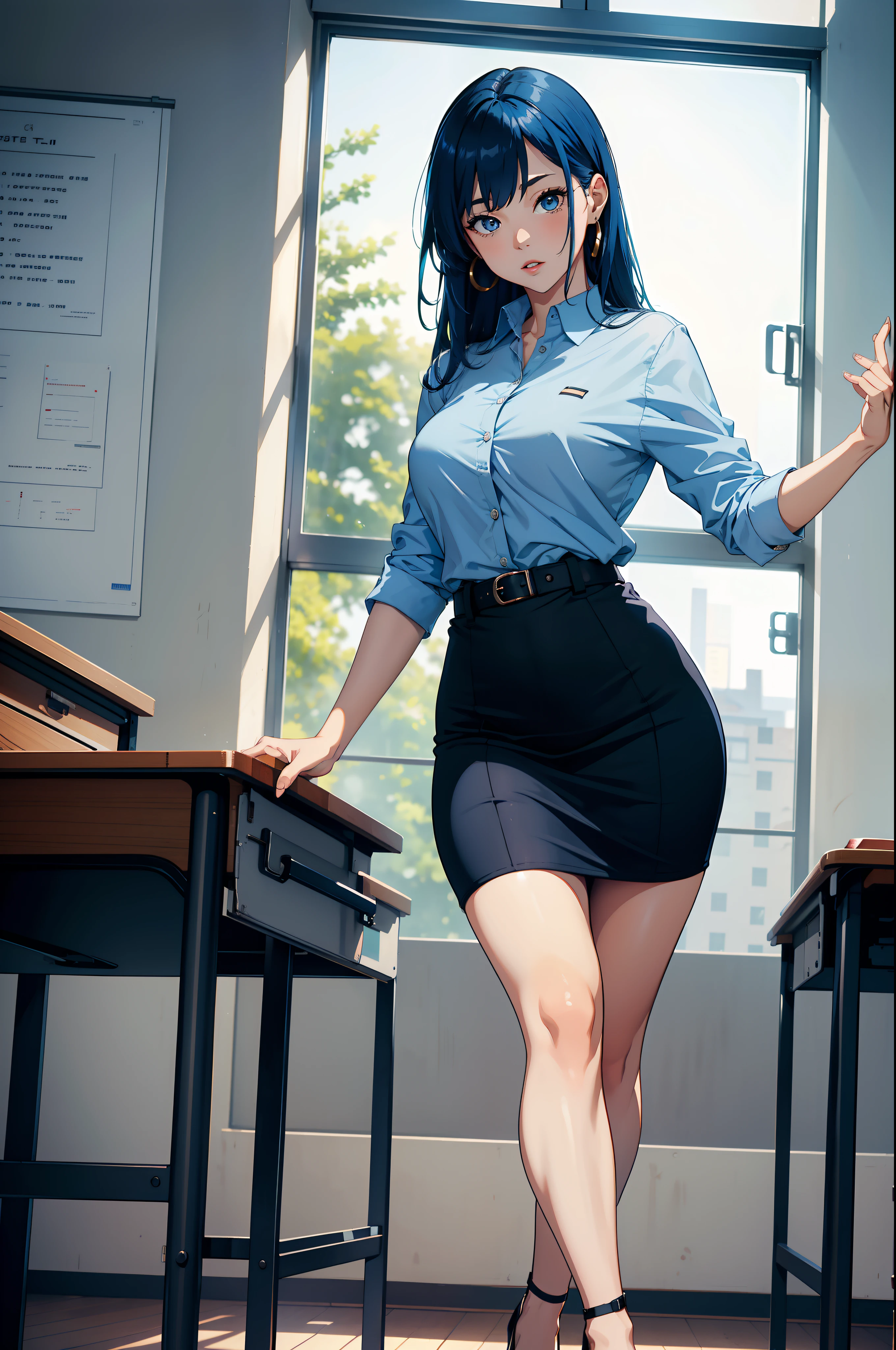 Anime girl in a skirt and shirt posing in a classroom - SeaArt AI