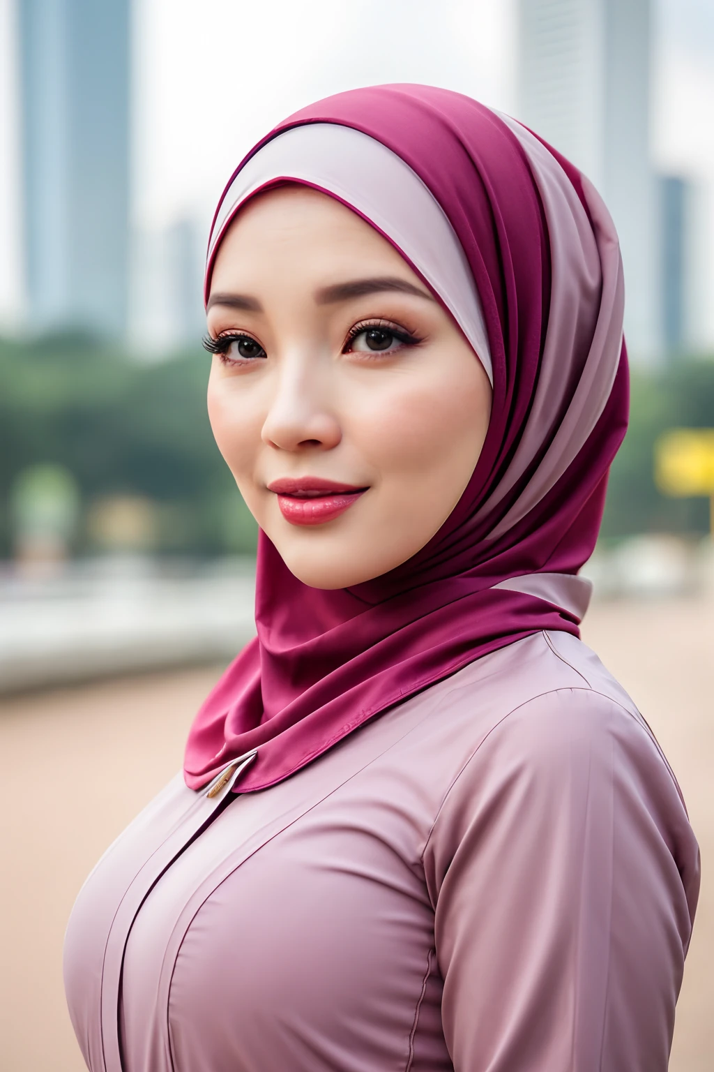 beautiful malaysia college woman age 22 name neelofa brown eye,big breast, wearing tudung muslim,modern baju kurung look rich,calm,confident,happy,beautifull body,looking at viewer, in kuala lumpur city, (photo, photorealistic:1.37), (ultrahigh-res), half body, walking pose, hyper detailed  POV, by lee jeffries, nikon d850, film stock photograph ,4 kodak portra 400 ,camera f1.6 lens ,rich colors ,hyper realistic ,lifelike texture, dramatic lighting , cinestill 800,