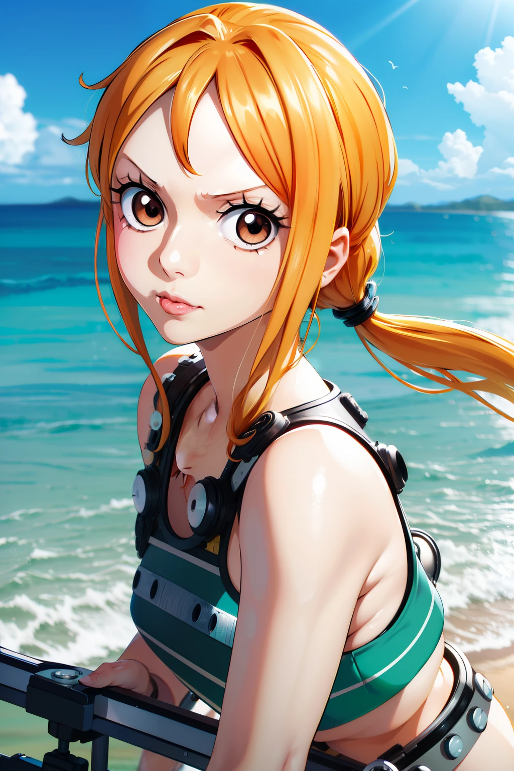 Nami from One Piece (8k, 4k, best quality, highres, ultra high res:1.1), (masterpiece, realistic, photo-realistic:1.1), 1girl,  face, close-up, twintails, blonde hair, black eyes, red lips,  (looking at viewer:2), long eyelashes, eyeshadow,  small face, big eyes, bare shoulders, high contrast,