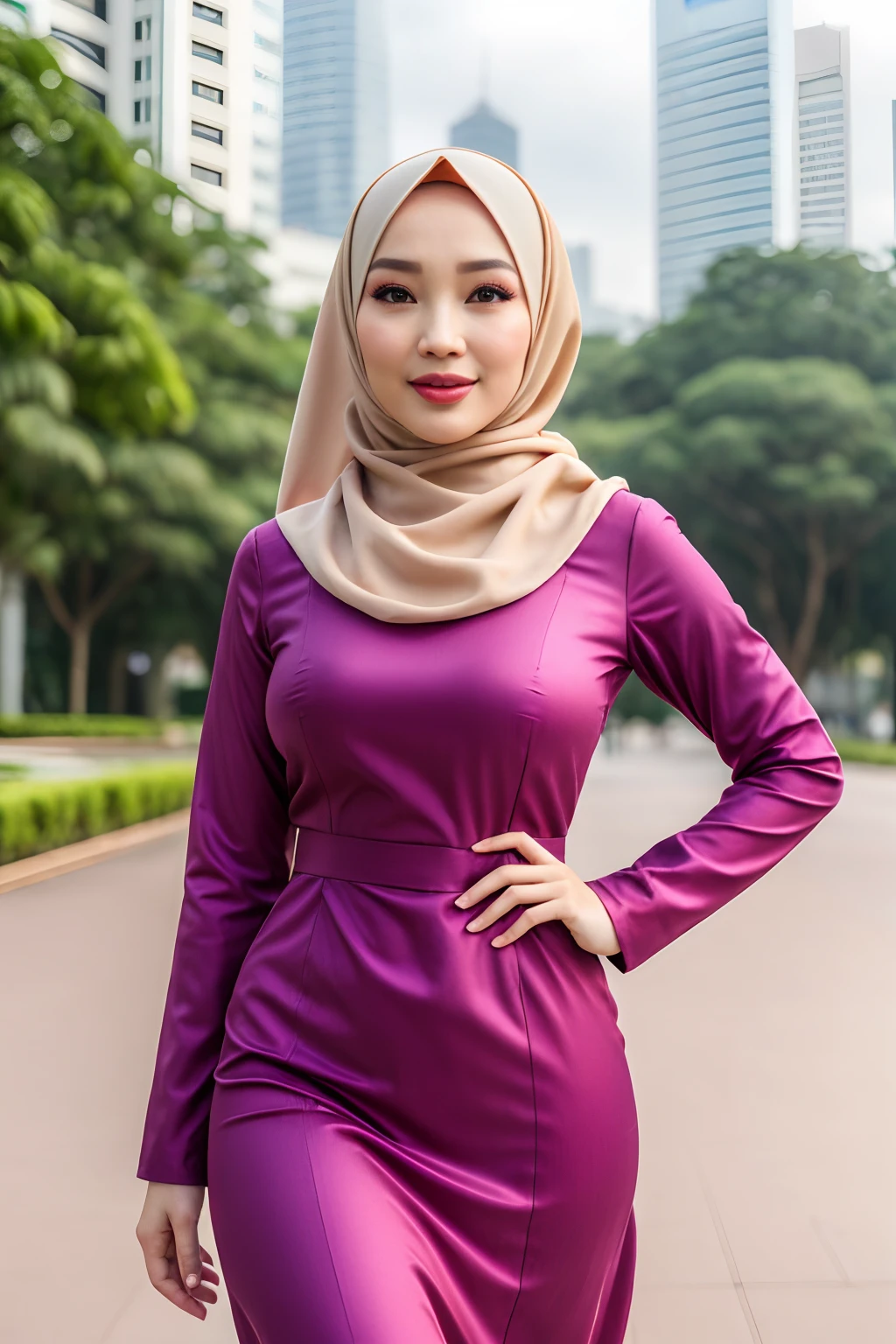 schöne malaysische College-Frau Alter 22 Name Neelofa braune Augen,große Brust, Tragen einer muslimischen Kleidung,modern baju kurung look rich,ruhig,zuversichtlich,Glücklich,schöner Körper,Betrachter betrachten, in der Stadt Kuala Lumpur, (Foto, Fotorealistic:1.37), (ultrahohe Auflösung), Halber Körper, Gehpose, hyperdetaillierte POV, von Lee Jeffries, nikon d850, film stock Fotograph ,4 kodak portra 400 ,Kamera f1.6 lens ,Satte Farben ,Hyperrealistisch ,lebensechte Textur, dramatische Beleuchtung , Cinestill 800,