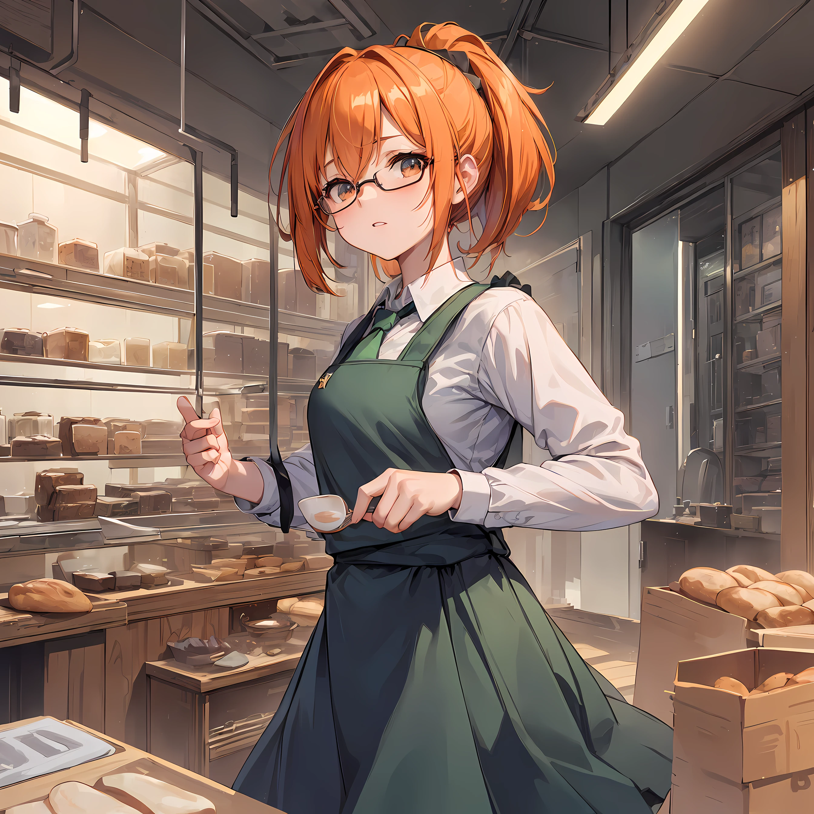 (1glasses girl:1.3, solo), (bakery  cheff:1.3), (a extremely pretty and beautiful Japanese woman), (sexy girl), (professional sexy attire:1.3), (22 years old: 1.1), (baking bread in the kitchen:1.3), (spills powder:1.3), (splashes of powder:1.3), (panic expression:1.3), (confused:1.3), (panic situation:1.3), (attractive random posing: 1.3), (in the bakery  kitchen:1.3), (4fingers and thumb:1.5)), BREAK, (ponytail:1.3), (shiny-orange thin hair:1.3), bangs, dark brown eyes, beautiful eyes, princess eyes, (big eyes:1.3), (wearing a glasses:1.3), Hair between eyes, (short hair :1.3), (slender:1.1), (small-medium-breasts:0.95), (thin waist: 1.15), (detailed beautiful girl: 1.4), Parted lips, Red lips, full-make-up face, (shiny skin), ((Perfect Female Body)), (Upper Body Image:1.3), Perfect Anatomy, Perfect Proportions, (most beautiful Korean actress face:1.3, extremely cute and beautiful Japanese actress face:1.3), BREAK, (View viewer, wearing a school girl uniform, (insanely detailed collared shirt:1.3, long-sleeve:1.3), (blue tie:1.3), (dark-green box-skirt:1.3), (green apron:1.3), (black enamel booties:1.3), detailed clothes, BREAK, (detailed simple  bakery kitchen background:1.3), (kitchen, baking setup), (Studio soft lighting: 1.3), (fake lights: 1.3), (backlight: 1.3), BREAK, (Realistic, Photorealistic: 1.37), (Masterpiece, Best Quality: 1.2), (Ultra High Resolution: 1.2), (RAW Photo: 1.2), (Sharp Focus: 1.3), (Face Focus: 1.2), (Ultra Detailed CG Unified 8k Wallpaper: 1.2), (Beautiful Skin: 1.2), (pale Skin: 1.3), (Hyper Sharp Focus: 1.5), (Ultra Sharp Focus: 1.5), (Beautiful pretty face: 1.3), (super detailed background, detail background: 1.3), Ultra Realistic Photo, Hyper Sharp Image, Hyper Detail Image, airbrush art, smooth gradients, soft transitions, fine details, photorealistic effects, versatile medium, automotive art