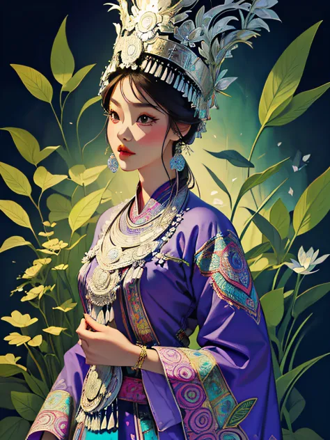 (illustration:1.3)Hmong girls wearing Hmong costumes (by Artist Anna Dittman:1), (((Masterpiece))), (((Best quality))), ((Ultra-detailed)),(Detailed light),((An extremely delicate and beautiful)), Hmong,garments、head gear、耳Nipple Ring，Herbal background，Cut...
