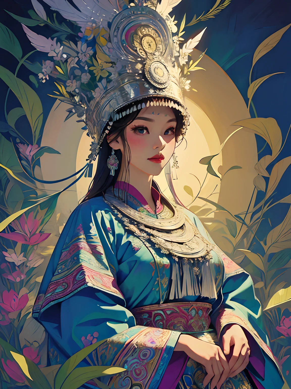 (illustration:1.4)Hmong girls wearing Hmong costumes (by Artist Anna Dittman:1), (((Masterpiece))), (((Best quality))), ((Ultra-detailed)),(Detailed light),((An extremely delicate and beautiful)), Hmong,garments、head gear、耳Nipple Ring，Herbal background，Cutout