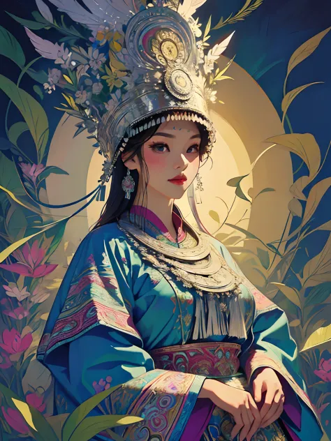 (illustration:1.4)Hmong girls wearing Hmong costumes (by Artist Anna Dittman:1), (((Masterpiece))), (((Best quality))), ((Ultra-detailed)),(Detailed light),((An extremely delicate and beautiful)), Hmong,garments、head gear、耳Nipple Ring，Herbal background，Cut...