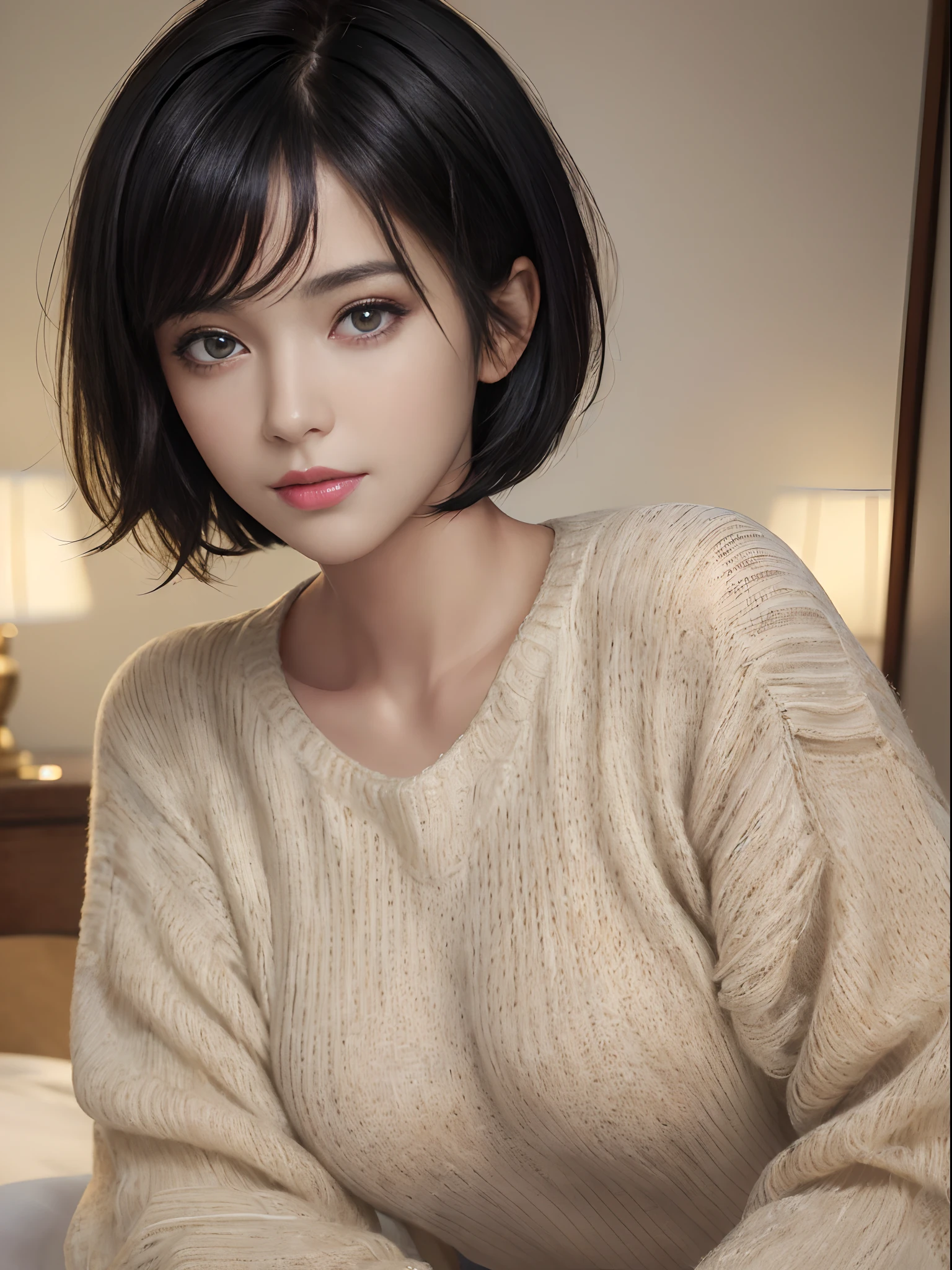 A Close Up Of A Woman Sitting On A Bed With A White Sweater - Seaart Ai