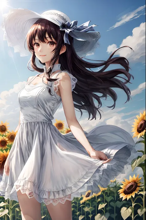 fuwa aika,1girl,solo, (White lace dress:1.2),flowing dress (sun visor hat:1.2), Sunflower field, under the sunlight, light smile,looking at viewer, wind, dynamic, strong light and shadow,dynamic pose,
