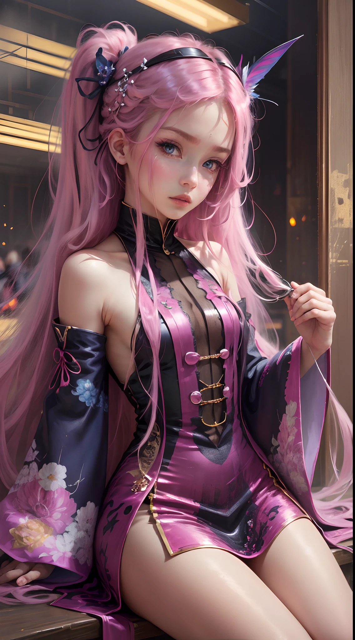 Obra de arte, melhor qualidade,lacus-bk, 1 menina, Sozinho, cabelo longo, cabelo rosa, cabelo muito comprido, olhos azuis, adornos de cabelo, roupas japonesas, mangas destacadas