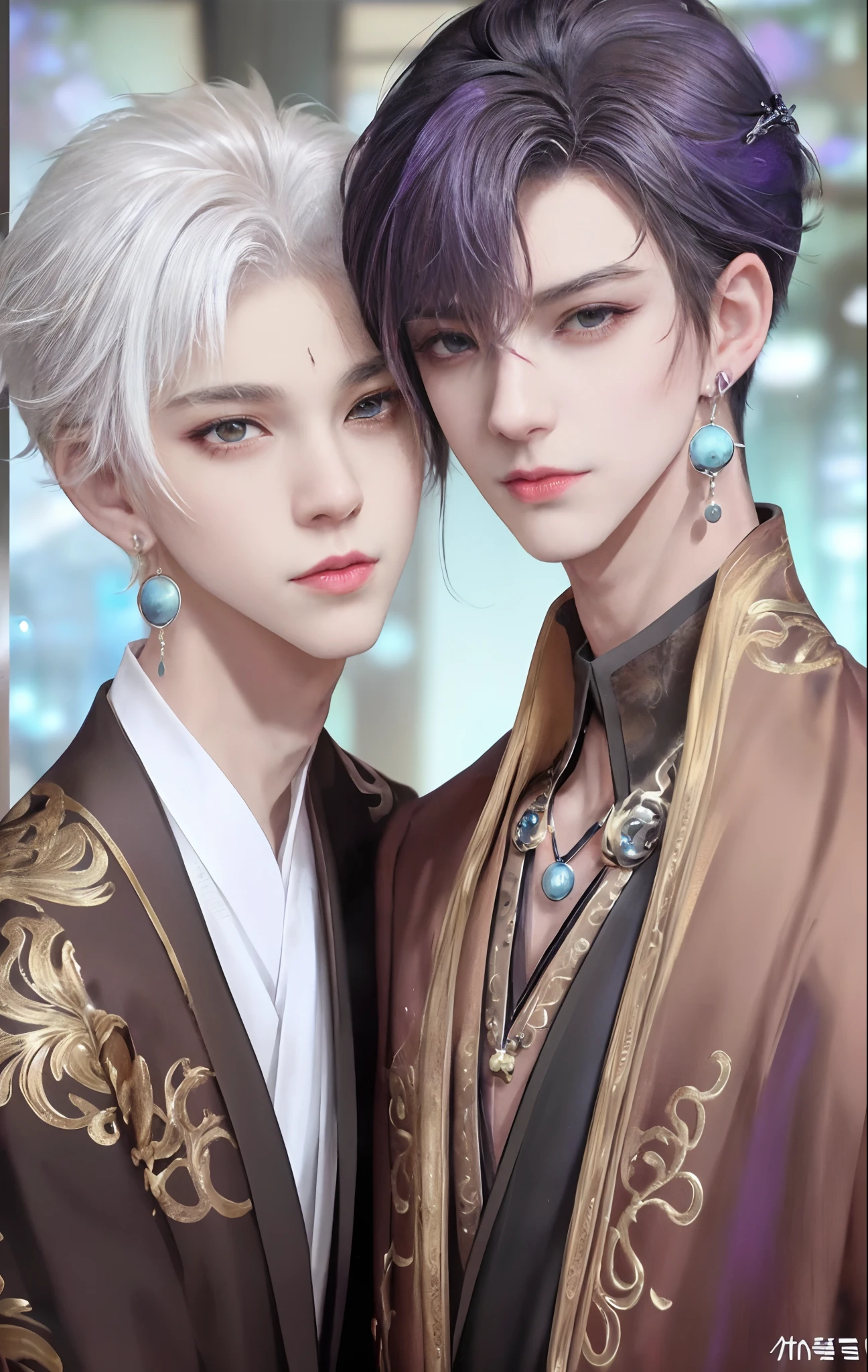 ​masterpiece, top-quality, 2Others, ((Male couple)), 1 man and 1,, Adults, Height difference, different fashion, different color, finely eye and detailed face, intricate detailes, Casual clothing, Oversized shirt, Modern urban streets, A smile, Happiness, tenderness, queers, high-level image quality、 ((Two beautiful men))、tall、The upper part of the body、nightfall、nighttime scene、𝓡𝓸𝓶𝓪𝓷𝓽𝓲𝓬、Two Men Kissing, Korean Male, Idol Photos, k pop, Professional Photos, Vampires, Korean fashion in black and white, Fedoman with necklace, inspired by Sim Sa-jeong, androgynous vampire, :9 detailed face: 8, extra detailed face, detailed punk hair, ((eyes are brown)) baggy eyes, Seductive. Highly detailed, semi realistic anime, Vampires, hyperrealistic teen, delicate androgynous prince, imvu, short hair above the ears, Man with short hair, ((Purple-haired man with a glaring expression and a man with light blue hair with a gentle expression)), ((With a short-haired man with bright purple hair)), ((Man with light blue hair)), kiss together, Kissing each other, ((Two people))