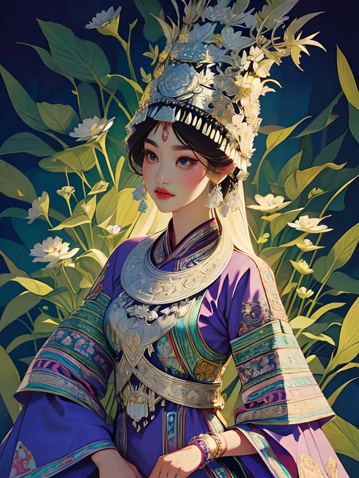 (illustration:1.3)Hmong girls wearing Hmong costumes (by Artist Anna Dittman:1), (((Masterpiece))), (((Best quality))), ((Ultra-detailed)),(Detailed light),((An extremely delicate and beautiful)), Hmong,garments、head gear、耳Nipple Ring，Background full of herbal flavors，Cutout