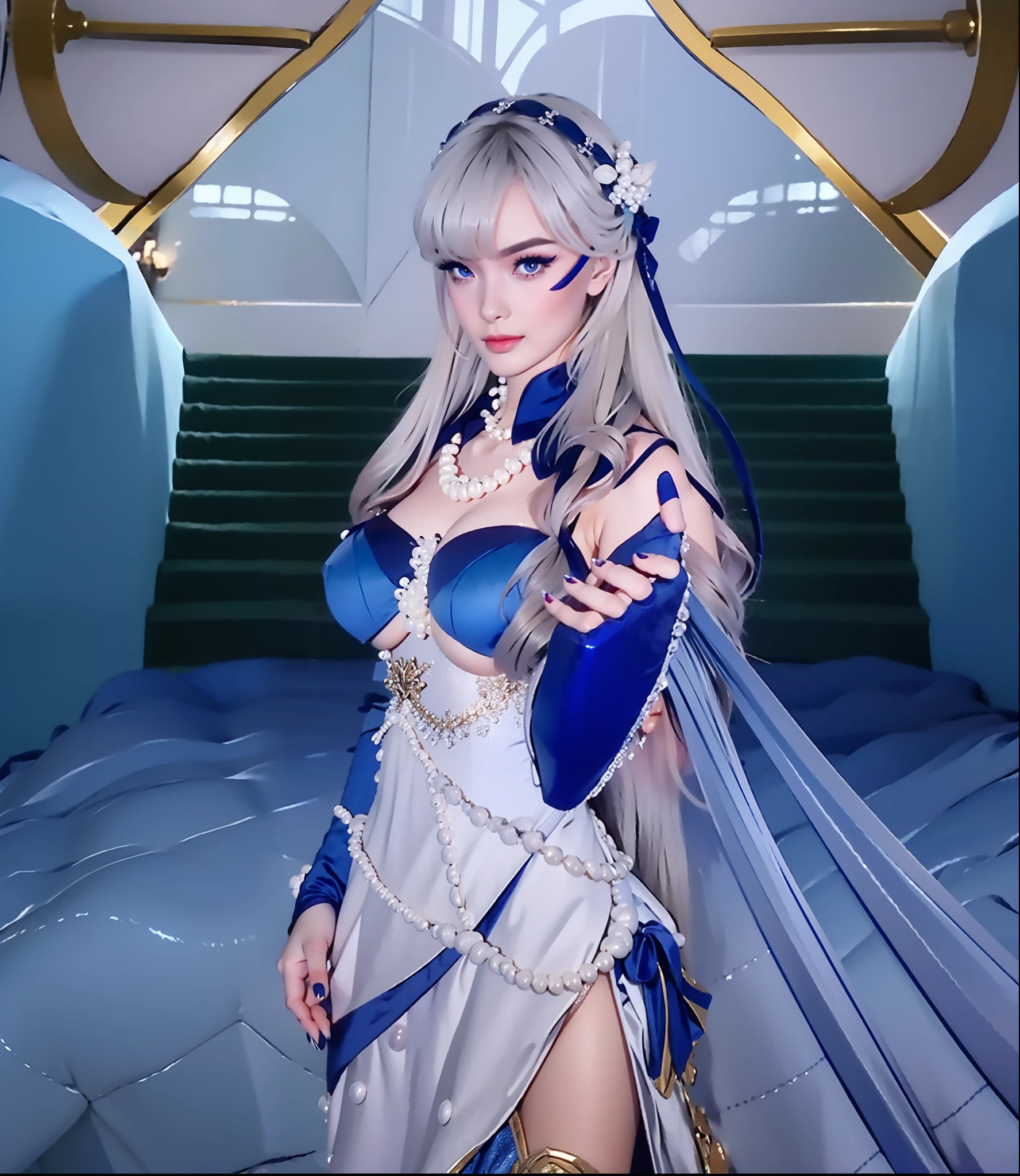 white long hair, pearl necklace, wearing blue navy dress elegant, big breasts, hands reach forward, glare expression, staring intently, 3horn headband, blue nails, photorealistic, masterpiece, Hands reach forward