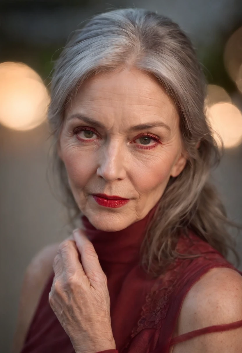 (((A deep red wound streaked across her left cheek))) Fair complexion, A woman around 60 years old, Natural gray hair, Unique green eyes, Wear Cole, Slender and graceful, Beautiful, Candlelight in a night setting, super sharp focus, realistic lens, sport outfit, Four colors (Scar:1.4)