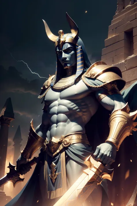 a close up of a statue of a man with a sword, the god emperor of mankind, portrait of emperor of mankind, ancient god, egypt god, the egyptian god, egyptian god, god emperor, hyperdetailed fantasy character, wind egyptian god, sculpture of moloch, ancient ...