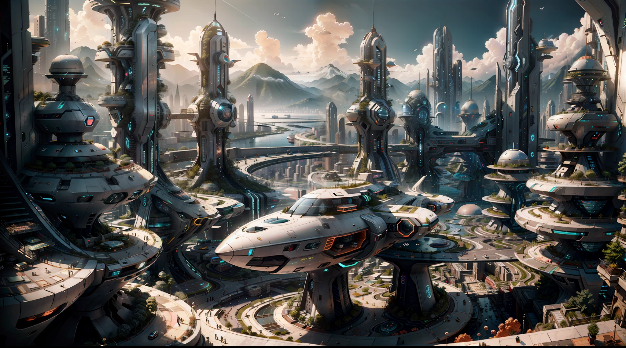 in a panoramic view，photorealestic，cyber punk style，A huge megacity built on the bottom of the sea，High-tech style complex，colourful light，High-tech submarines and unmanned ships，professinal，Meistwick，commissioned，best qualtiy，color corrected，After fixation，Retouching，Improvement，Epic，Tone-mapping，the detail， highly  detailed， digitial painting， art  stations， Conceptual map of the long dam， Smoothness， Sharp focus， Beautiful illustration， photore， The light from the back window is backlighted， 动态照明， Mist， 复杂， cinematic grain， professinal， Volumetriclighting， subsurfacescattering， Good highlights， Good shadows， cinematic ligh