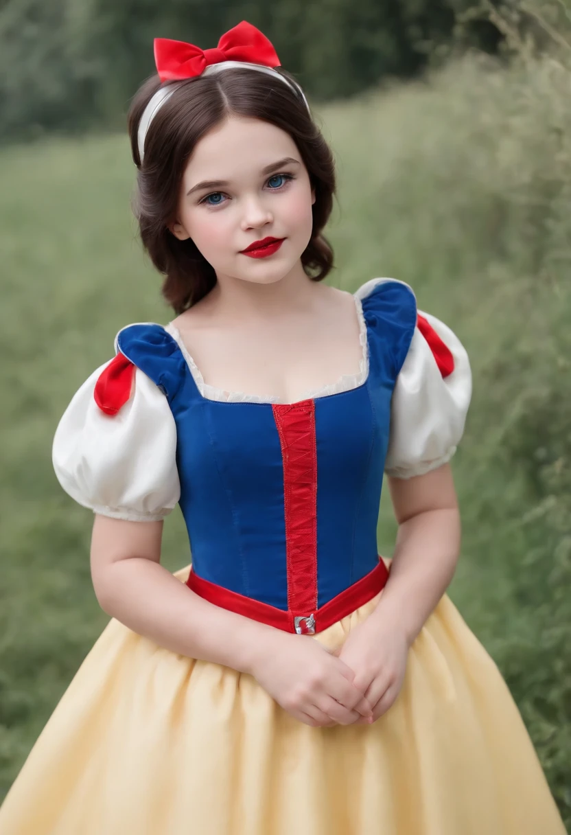 (5 years old kid), (Snow White cos:1.3), little child, upper body, Little blue and red dress, Ultra photo realsisim, Realistic, best quality real texture skin,cute true circle Symmetrical eyes, cute face, medieval world, epic realistic, Cinematic