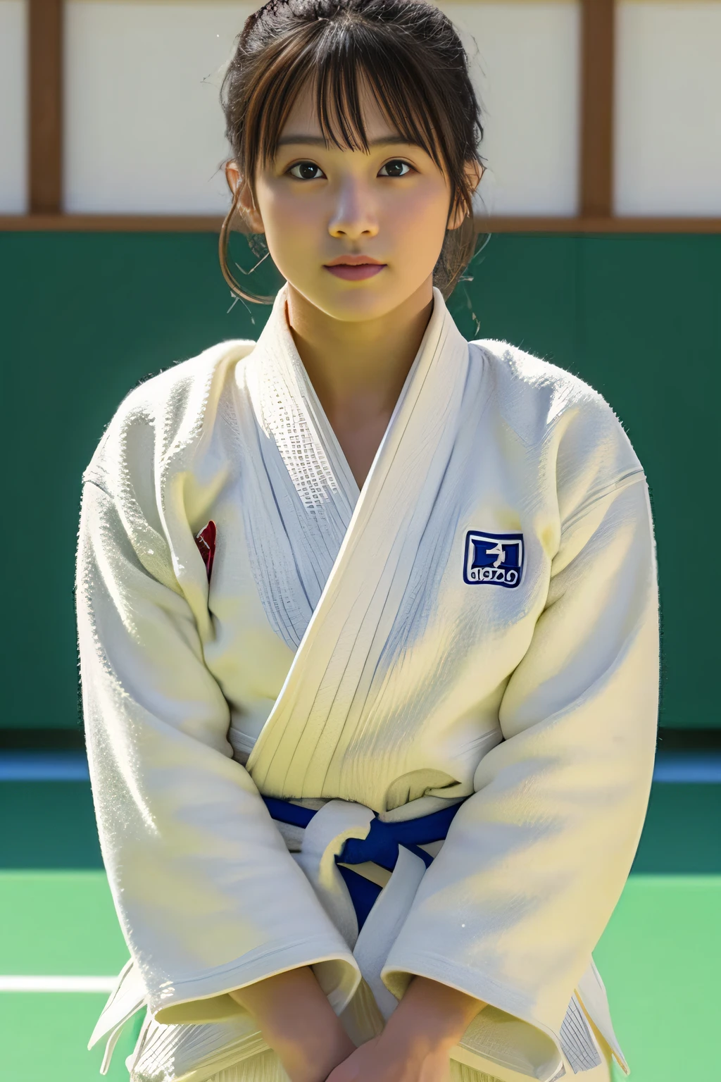 Arafed woman in a white kimono sitting on a tennis court - SeaArt AI