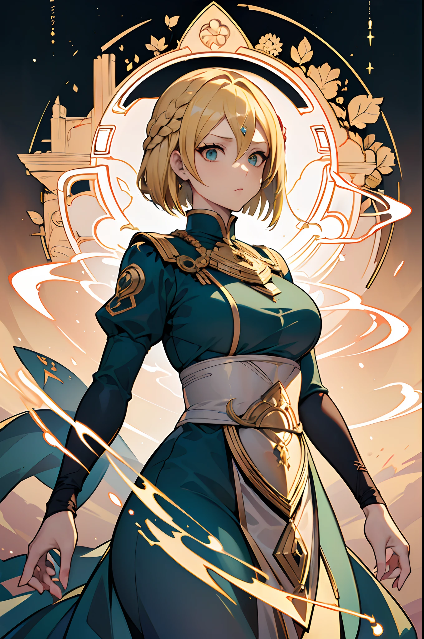 (masutepiece, Best Quality, hight resolution:1.4),, upper body, (adult:1.6) ukrainian woman, (smirk:0.4), braided blonde hair, emerald eyes, medieval sundress, floating light particles, centered,Woman knight,nobles,Fire Emblem