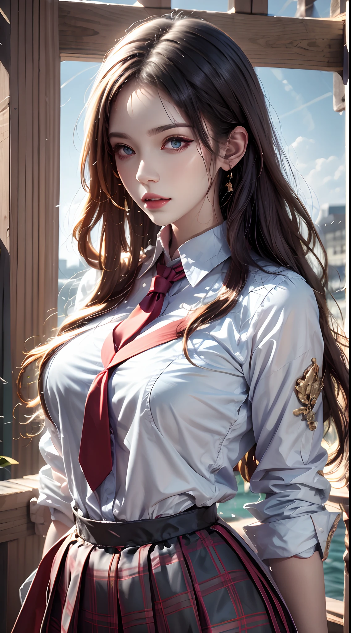 photorealistic, high resolution, 1women, mature female, solo, hips up, jewelry, wavy hair, long hair, school uniform