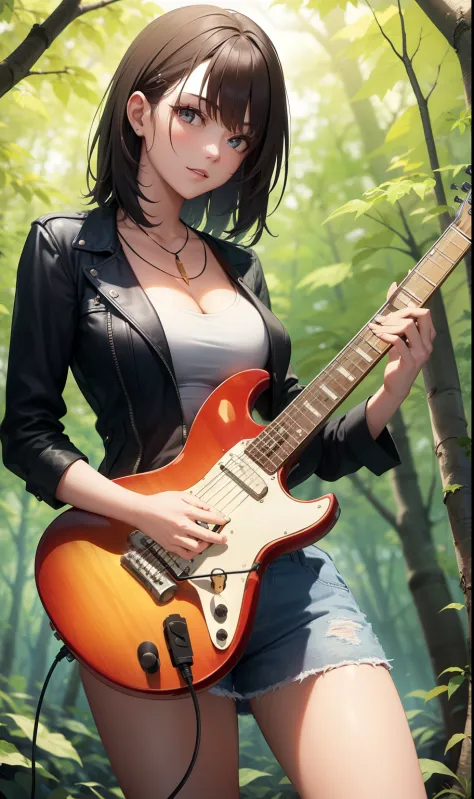 Beautiful woman standing in the forest with electric guitar