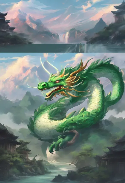 China-style，Chinese mythology，Green Dragon，tosen，Ferocious，gargantuan，The eyes glow red，Glow effects，surrounded by cloud，Thick clouds，中景 the scene is，Full body like， highly detailed surreal vfx，oc rendered， - AR 16:9 --q 2 --s 1000