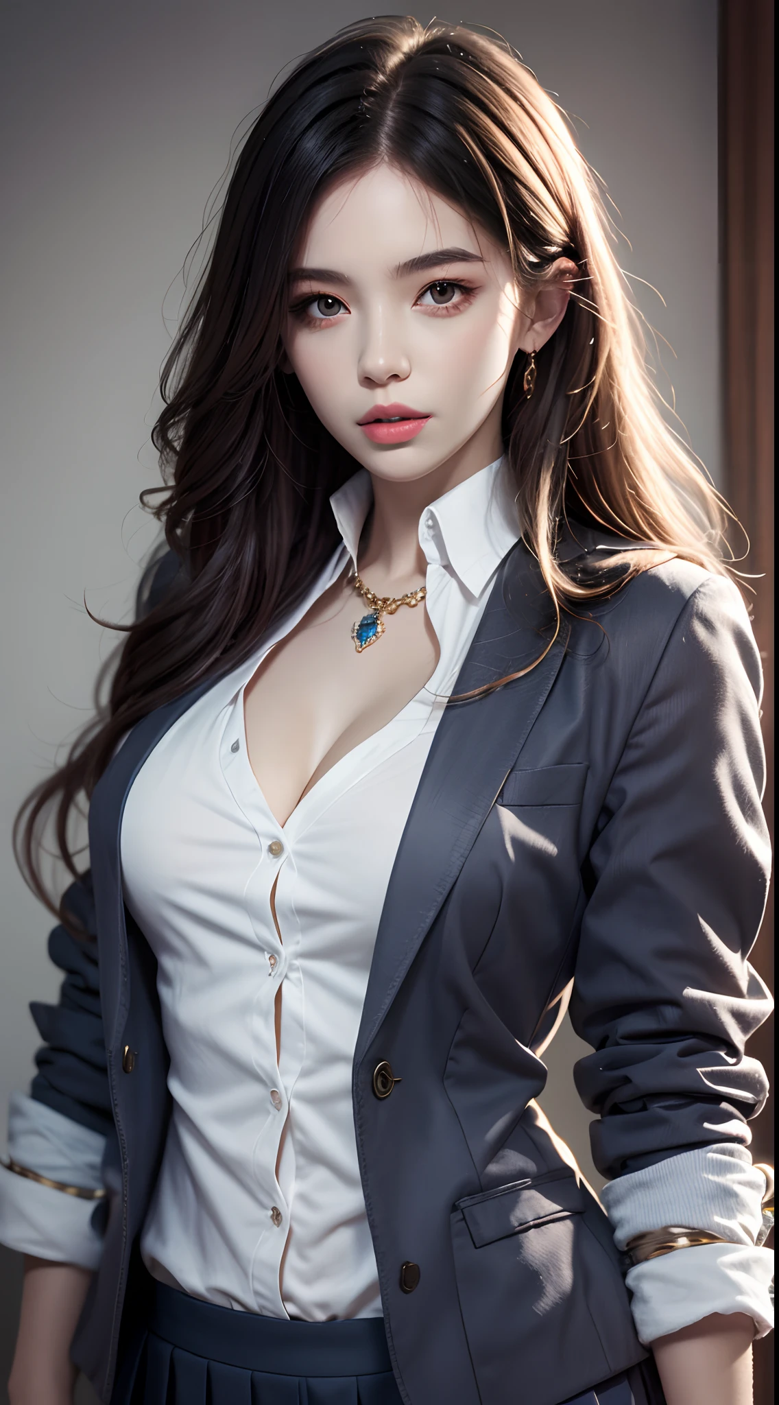 photorealistic, high resolution, 1women, mature female, solo, hips up, jewelry, wavy hair, long hair, school uniform